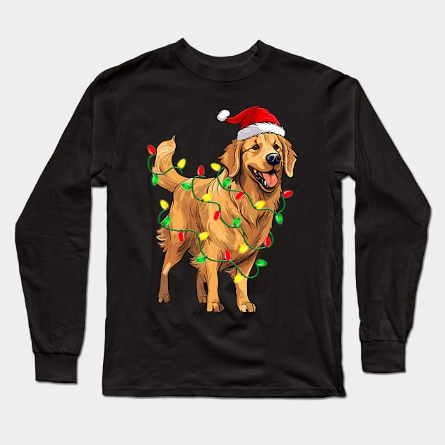 Golden Retriever Christmas Santa Hat Tree Lights Pajama Long Sleeve T-Shirt by rivkazachariah